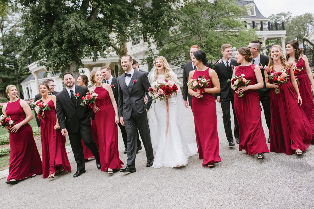 bridal party laughter candid Ashford Estate Fall Wedding faye and renee florals flowers fountain elegant classic clean and modern estate mansion