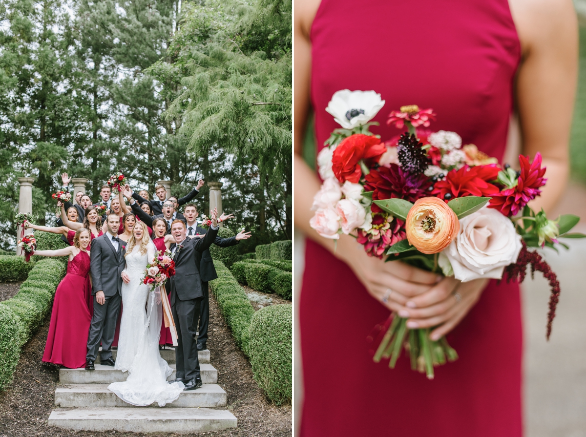 bridesmaid bouquet happy cheering bridal party Ashford Estate Fall Wedding faye and renee florals flowers fountain elegant classic clean and modern estate mansion