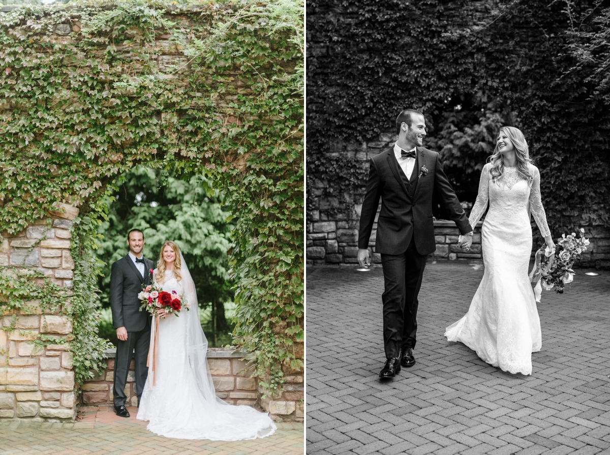 bride and groom ivy wall black and white Ashford Estate Fall Wedding faye and renee florals flowers fountain elegant classic clean and modern estate mansion