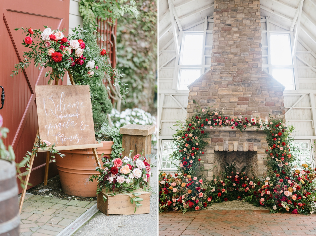 flowers fireplace rustic wooden signs ceremony Ashford Estate Fall Wedding faye and renee florals flowers fountain elegant classic clean and modern estate mansion