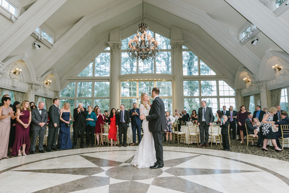 first dance husband and wife dance floor reception Ashford Estate Fall Wedding faye and renee florals flowers fountain elegant classic clean and modern estate mansion
