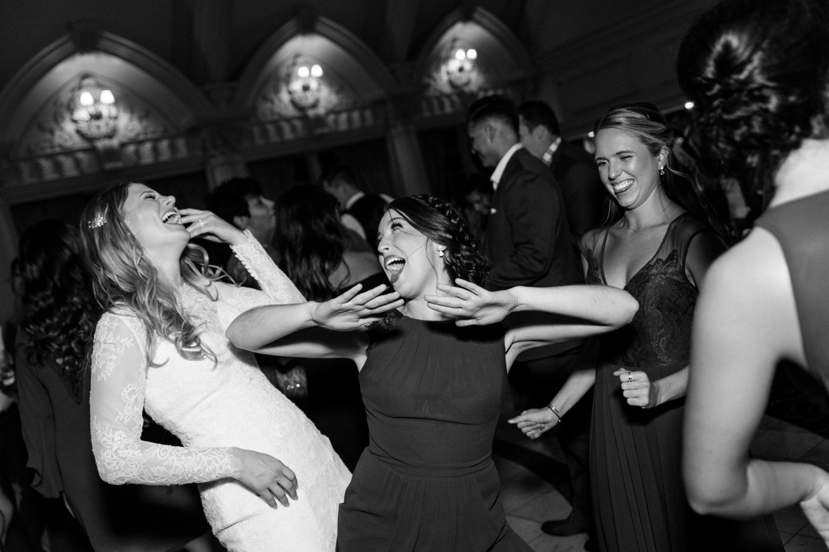 black and white happy candid dance floor dancing reception Ashford Estate Fall Wedding faye and renee florals flowers fountain elegant classic clean and modern estate mansion