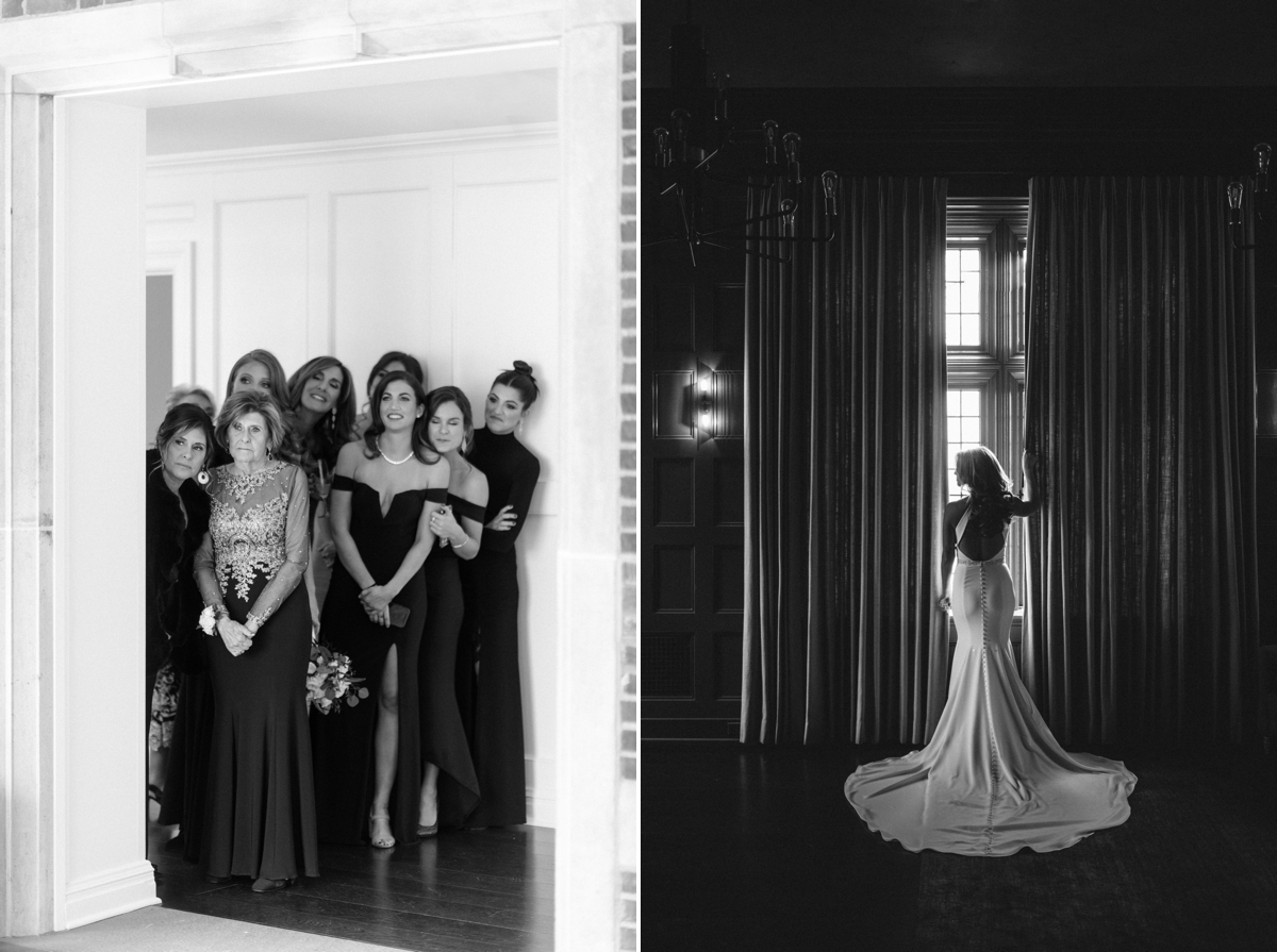 black and white reaction candid moments dramatic bridal silhouette Natirar 90 acres Mansion wedding peapack NJ new jersey lush greenery 