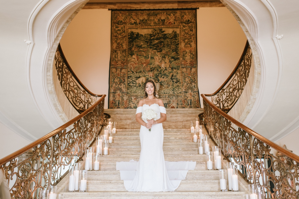 bride dramatic grand staircase tapestry invitations TPC Jasna Polana Golf Course Wedding beautiful elegant timeless new jersey wedding photography