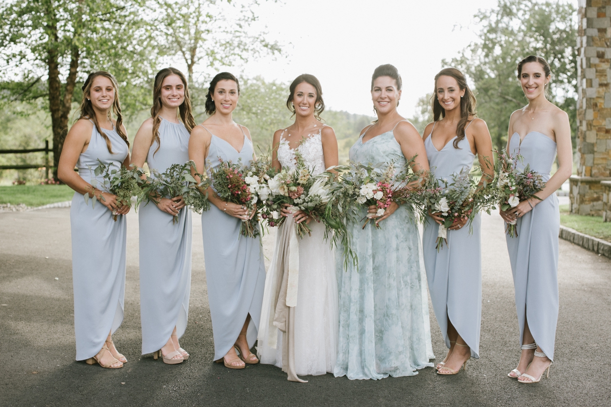 bridesmaids bridal party pretty floral light blues Shona Joy Azul by Liancarlo Bear Brook Valley Wedding