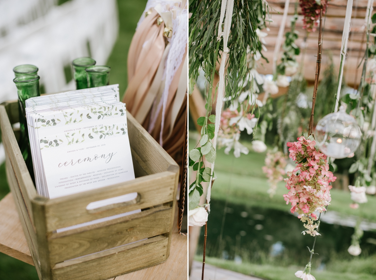 hanging florals ceremony stationary programs rustic apple box Bear Brook Valley Wedding
