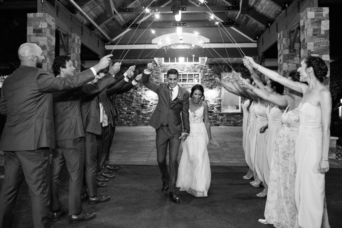 black and white sparkler send off bride and groom bridal party Bear Brook Valley Wedding