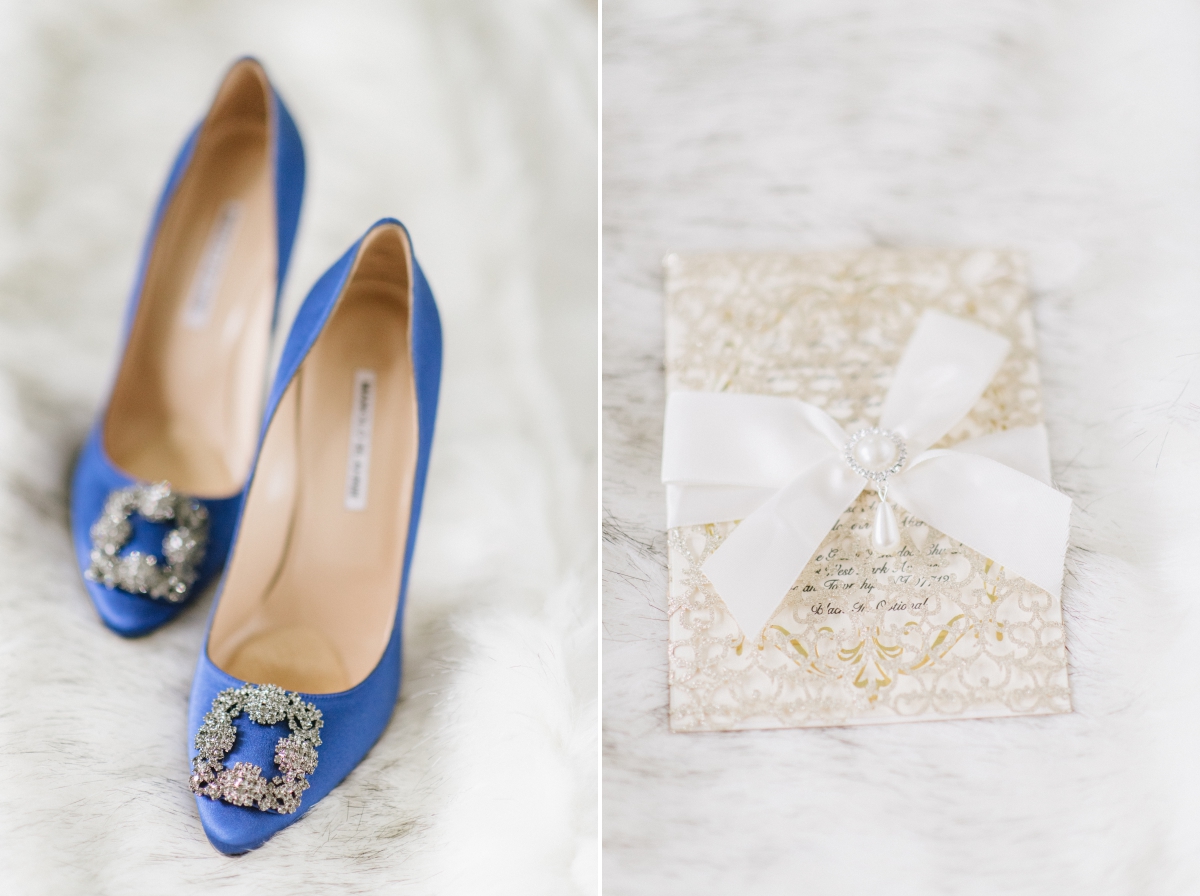 wedding invitations blue manolo blahnik heels shoes details One Atlantic Wedding Atlantic City New Jersey