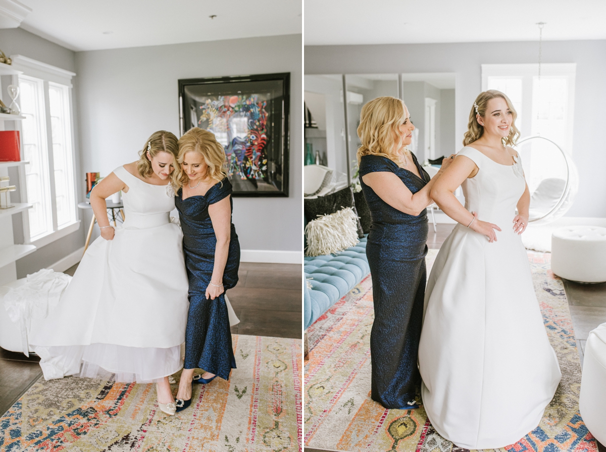 Mom and bride get dressed in The Pelham house at The Ryland Inn - New Jersey wedding photography and Video