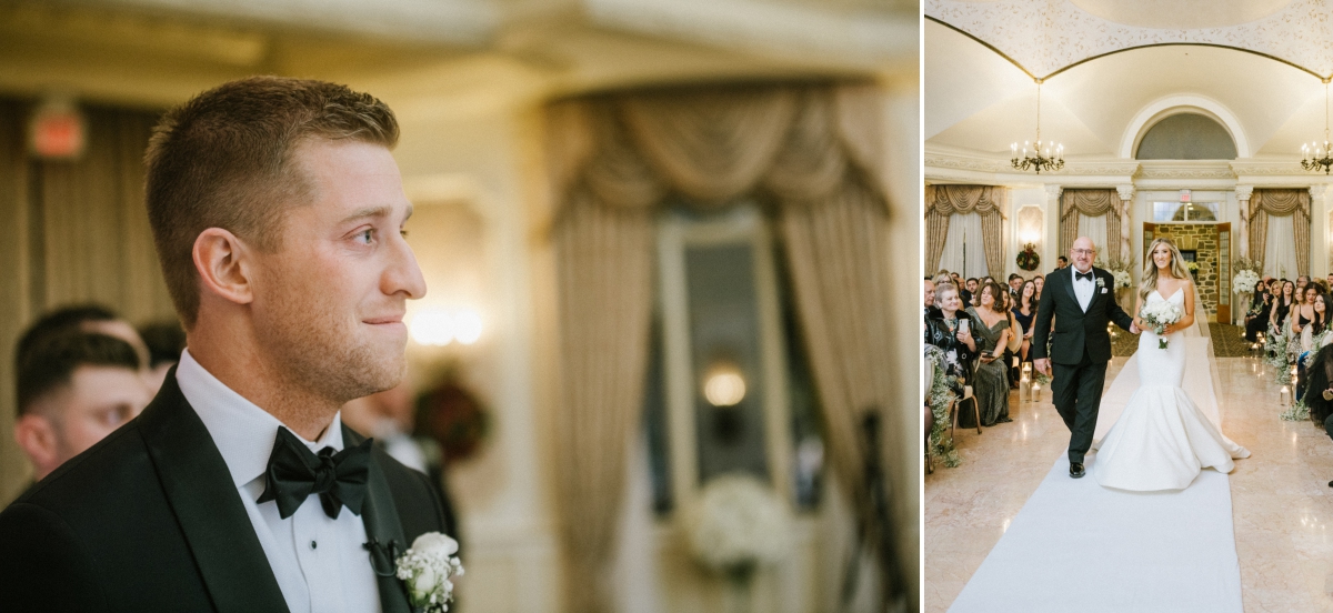 Pleasantdale-Chateau-wedding-photos-groom-lovingly-watching-bride-walk-down-the-aisle