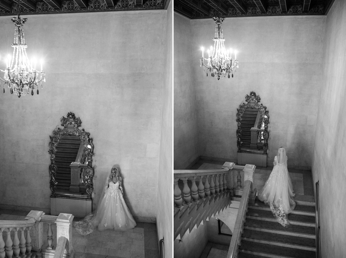Plaza Hotel Wedding NYC Luxury Royal Wedding Bride Bridal Portraits Crown Black and White Staircase