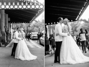 Plaza Hotel Wedding NYC Luxury Royal Wedding Bride and groom grand outside the plaza foyer crown posed