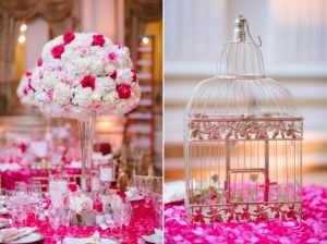 Plaza Hotel Wedding NYC Luxury Royal Wedding Bride Pink Petals Dinner Menu Chic Elegant Florals Centerpieces Flowers Card Cage