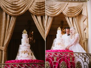 Plaza Hotel Wedding NYC Luxury Royal Wedding Bride and Groom Cake Cutting Crown Grand Ballroom