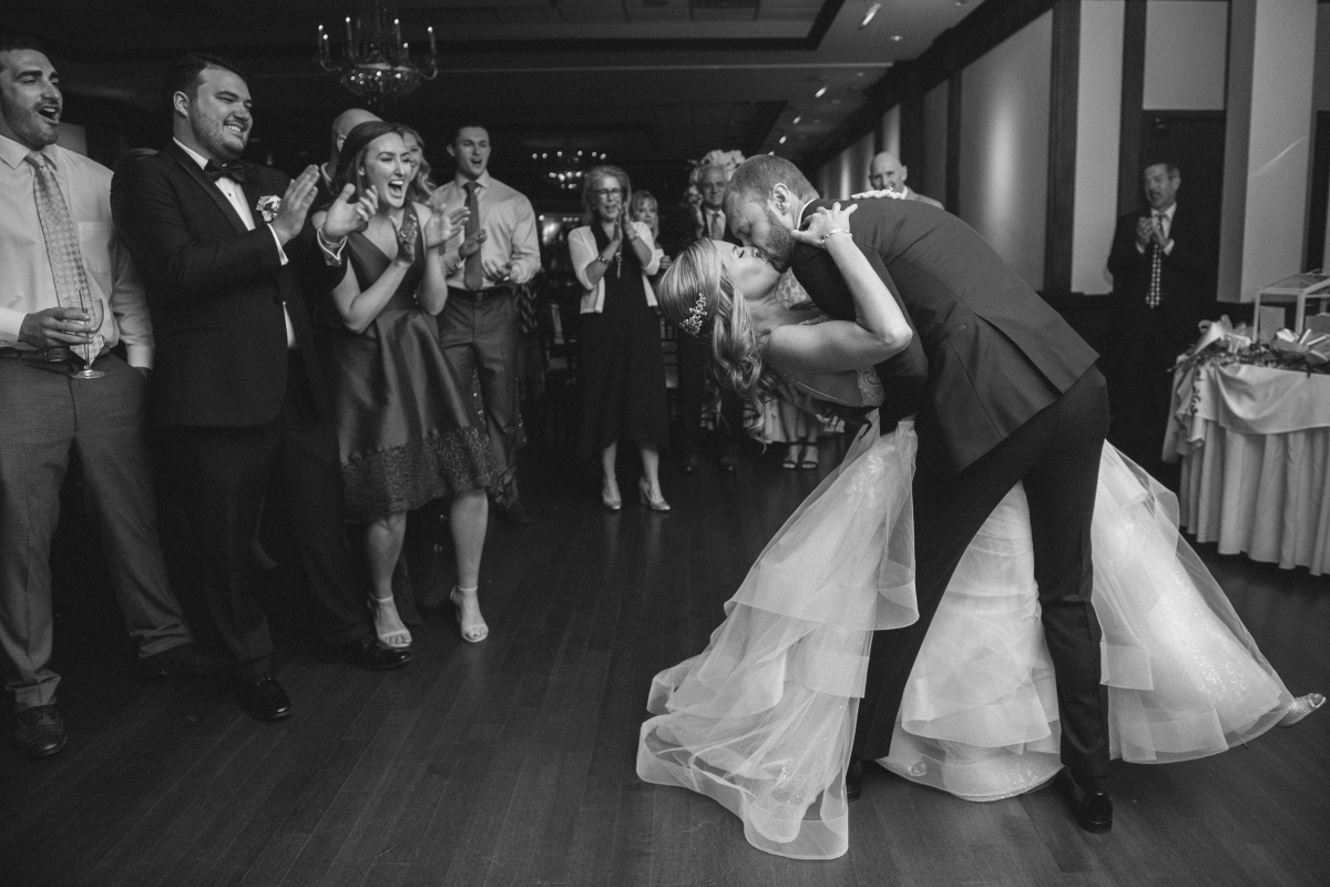 the mansion at oyster bay wedding woodbury nj ny new york wedding photography dancing reception intimate moment black and white bride and groom dip kiss