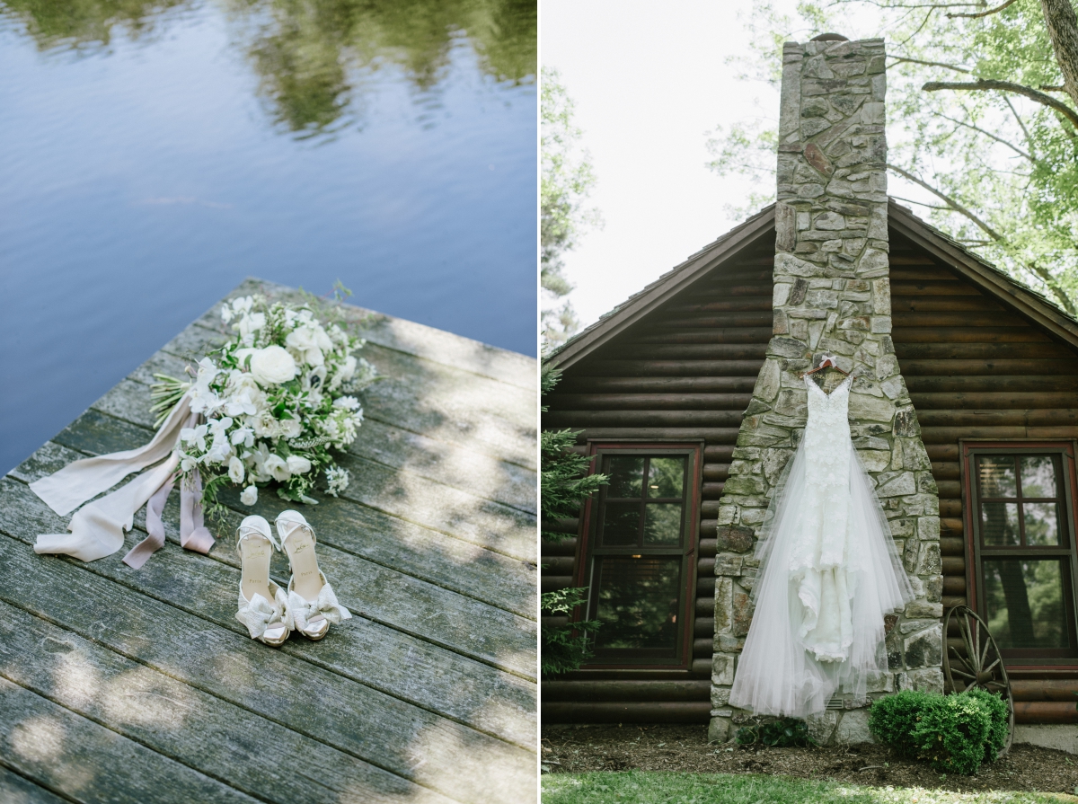 Cedar Lakes Estate Summer Wedding Port Jervis NY Camp Inspired Wood Forest Trees Greenery Just married Golf Cart happy love golden light bright lake details faye and renee flowers florals rustic barn bride bridal gown dress shoes bouquet details