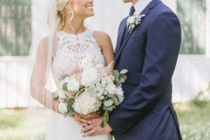 Oyster Point Hotel NJ Wedding Red Bank Nautical Dusty Rose Navy Blue Jersey Shore Classic Modern Clean greenery trees park bride groom claypit creek bright happy holding hands bouquet flowers