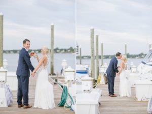 Oyster Point Hotel NJ Wedding Red Bank Nautical Dusty Rose Navy Blue Jersey Shore Classic Modern Clean bride groom candid portrait laughing dock water bay ocean kiss cute