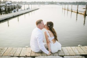 Kiss Happy Couple Dock Sunset golden hour magic hour Happy Candid Smiling Red Bank NJ Summer Engagement Session Water Row boat Water Ocean Bay Jersey Shore