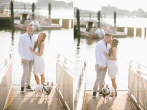 Funny Cute Dog Kiss Happy Couple Dock Sunset golden hour magic hour Happy Candid Smiling Red Bank NJ Summer Engagement Session Water Row boat Water Ocean Bay Jersey Shore