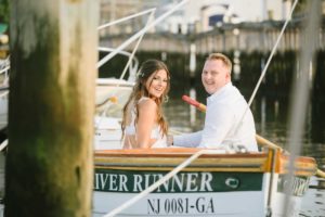 Happy Candid Smiling Red Bank NJ Summer Engagement Session Water Row boat Water Ocean Bay Jersey Shore