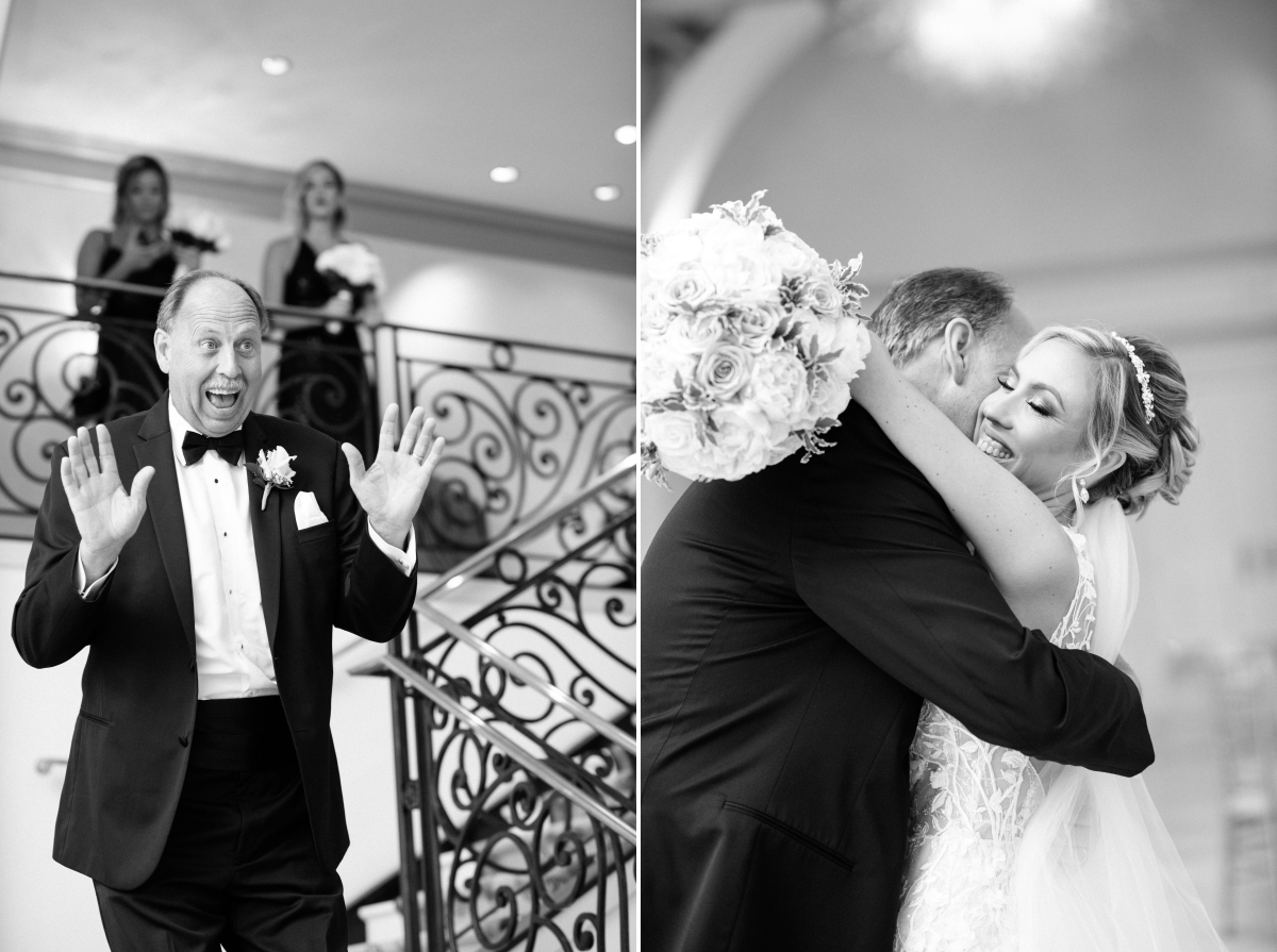 The Grove NJ Elegant Wedding Classic Glam Black White Gold Pink Color Scheme Black Tie New Jersey Love Bride Groom Marble Staircase First look with dad Black and white