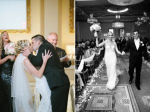 The Grove NJ Elegant Wedding Classic Glam Black White Gold Pink Color Scheme Black Tie New Jersey Love Bride Groom Marble Staircase first kiss husband and wife ceremony exit