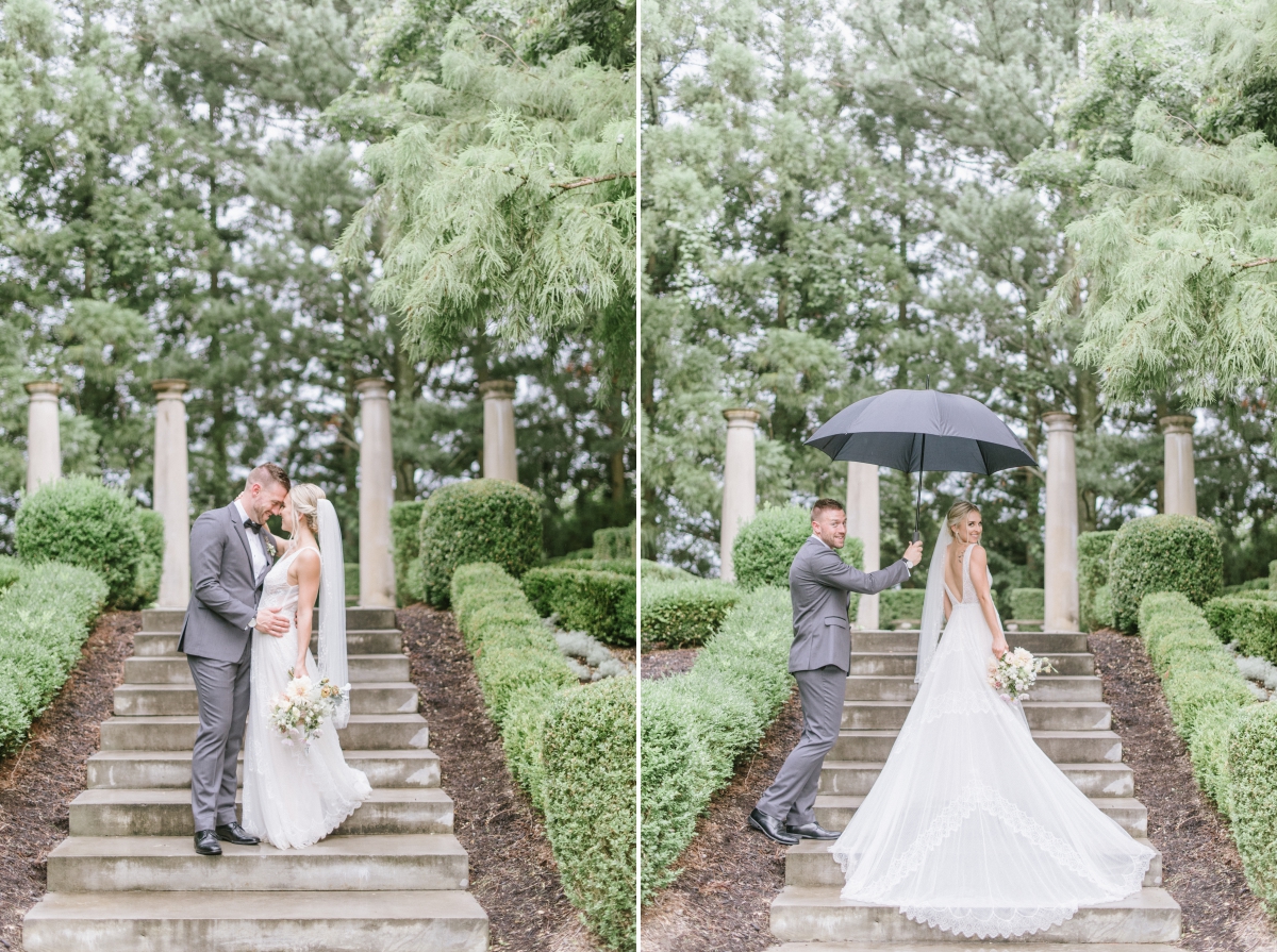 Bride and Groom Grand stairs pillars rain umbrella portraits cute Grand Elegant Classic Garden Theme Weddings of Distinction Merrimaker Caterers Ashford Estate Summer Wedding by Gilded Lilly Events