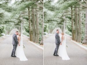 Bride and Groom roadway trees rain portraits cute Grand Elegant Classic Garden Theme Weddings of Distinction Merrimaker Caterers Ashford Estate Summer Wedding by Gilded Lilly Events
