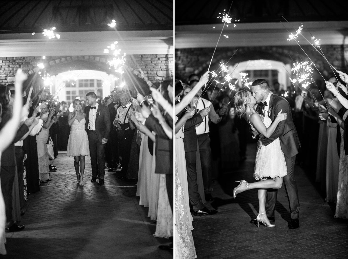 Black and white Sparkler Send off Kiss outdoors outside Reception Party Fun Candid Bride and Groom husband and wife Grand Elegant Classic Garden Theme Weddings of Distinction Merrimaker Caterers Ashford Estate Summer Wedding by Gilded Lilly Events