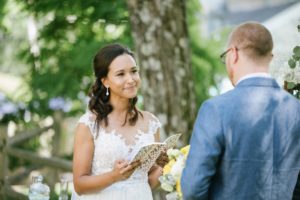 vows crying emotional ceremony Sunny day sunshine Flower trellis archway Inn at Millrace Pond New Jersey Rustic Intimate Summer Wedding Yellow Flowers Bouquet Happy Candids Bride and Groom