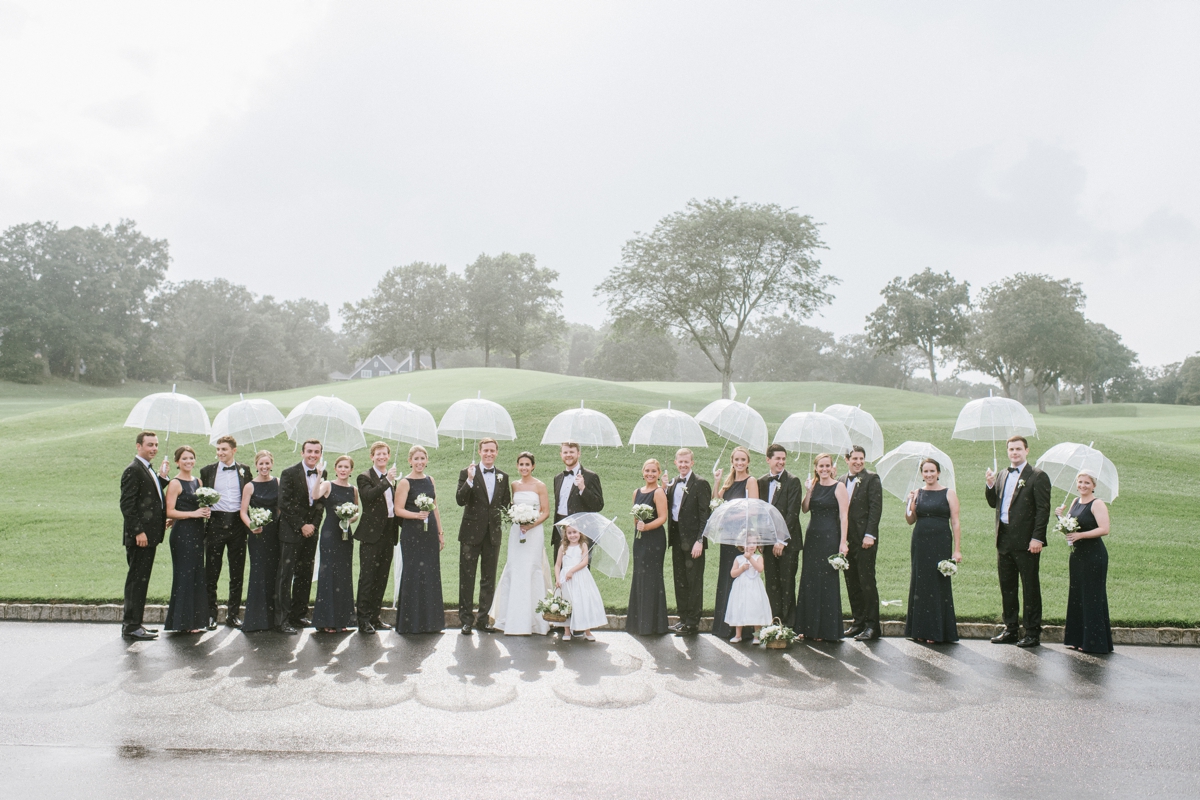 Manasquan River Golf Club Spring Lake NJ St. Catherine's Church Timeless Classic Wedding umbrellas bridal party rainy day