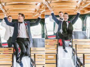 jumping silly fun candid trolley grooms The Chanler at Cliff Walk Newport Rhode Island New England Elegant Destination Wedding on the coast same sex couple lgbtq love is love gay couple love wins