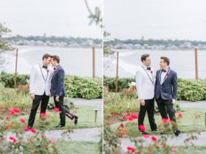 grooms in love outdoors water ocean coastal flowers tuxedos The Chanler at Cliff Walk Newport Rhode Island New England Elegant Destination Wedding on the coast same sex couple lgbtq love is love gay couple love wins