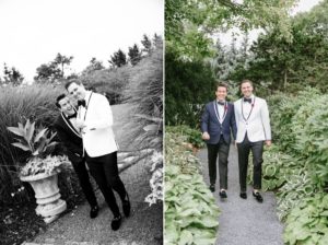 grooms outdoors black and white greenery The Chanler at Cliff Walk Newport Rhode Island New England Elegant Destination Wedding on the coast same sex couple lgbtq love is love gay couple love wins