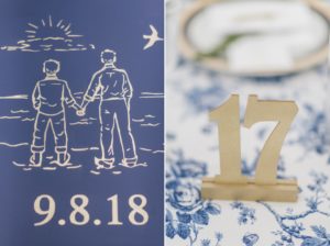 blue and white color scheme invitations table number The Chanler at Cliff Walk Newport Rhode Island New England Elegant Destination Wedding on the coast same sex couple lgbtq love is love gay couple love wins