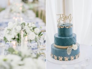 blue cake monogram cake topper white florals flower centerpieces candles blue and white color scheme The Chanler at Cliff Walk Newport Rhode Island New England Elegant Destination Wedding on the coast same sex couple lgbtq love is love gay couple love wins