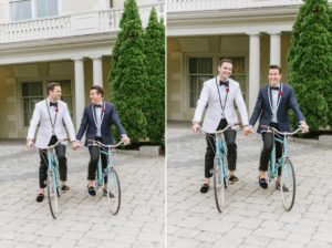 bicycles grooms happy candid bikes beach town The Chanler at Cliff Walk Newport Rhode Island New England Elegant Destination Wedding on the coast same sex couple lgbtq love is love gay couple love wins
