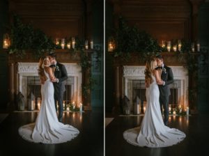 greenery candles fireplace bride and groom kiss Natirar Mansion 90 acres wedding peapack NJ new jersey lush greenery
