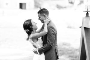 black and white bride and groom first look happy candid Azul by Liancarlo Bear Brook Valley Wedding