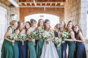Coastal Bay Head Yacht Club fall wedding bridesmaids in green and navy