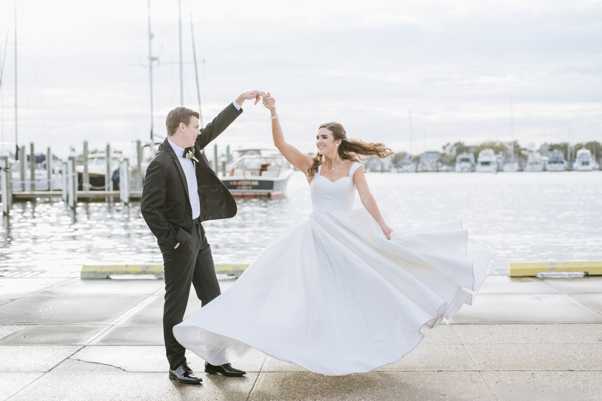 Coastal Bay Head Yacht Club fall wedding bride twirling