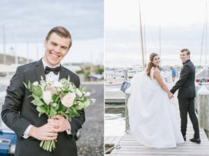 Coastal Bay Head Yacht Club fall wedding bride and groom on dock