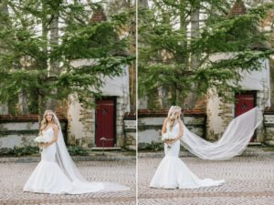 Pleasantdale-Chateau-wedding-photos-bride-beautiful-flying-veil